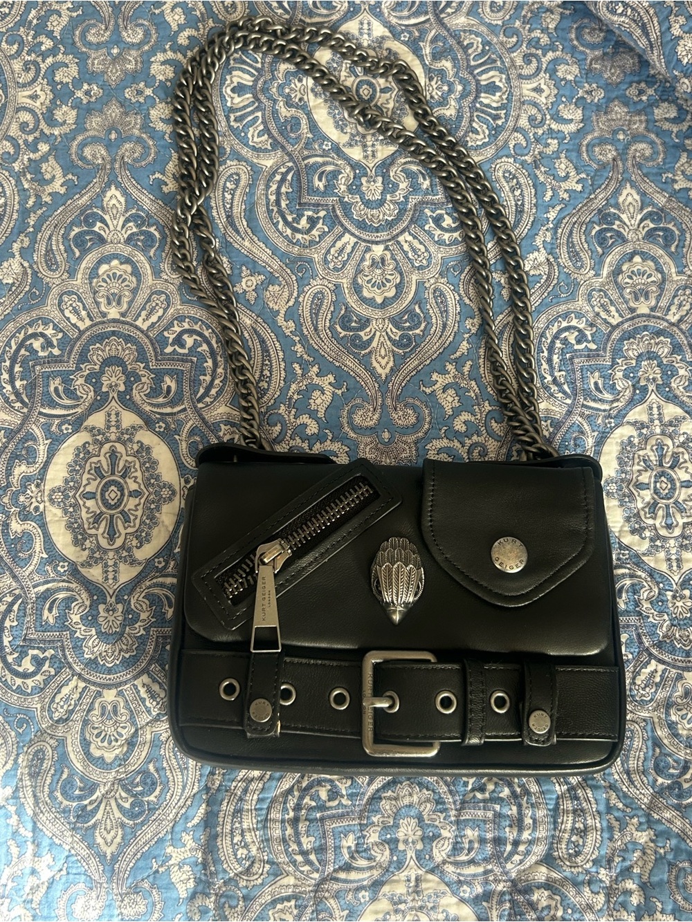 Black Leather Chain Shoulder Bag with Silver Hardware